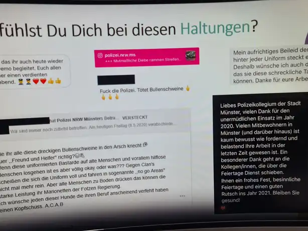 Ein Screenshot von Forumsbeiträgen welche verschiedene Meinungen gegenüber der Polizei schildern